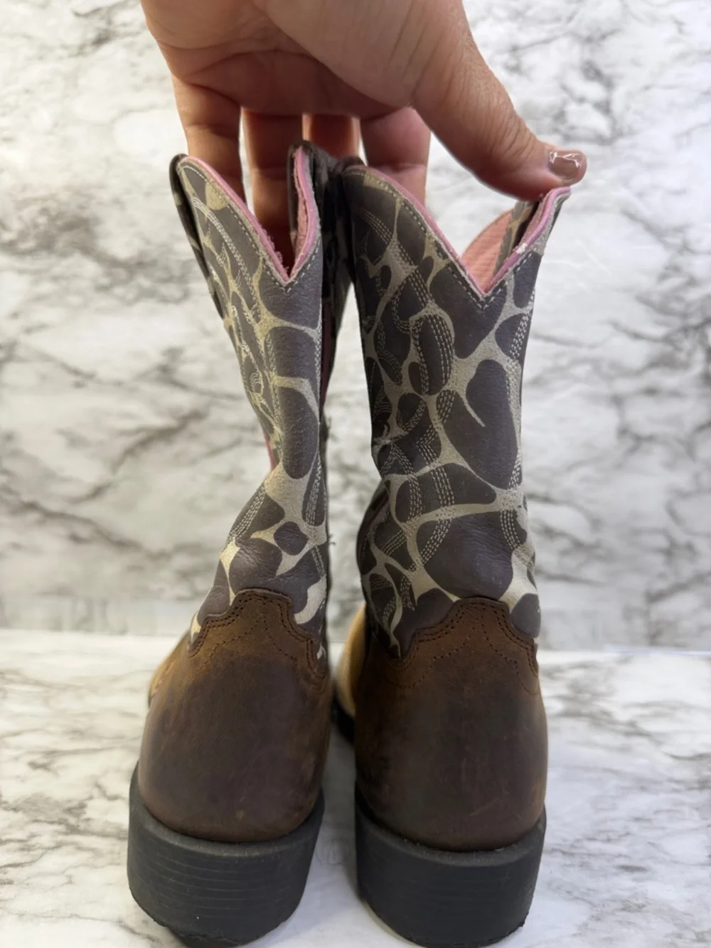 Ariat Brown Leather Cowgirl Boots with Pink & Cream Patterned Shaft size 1